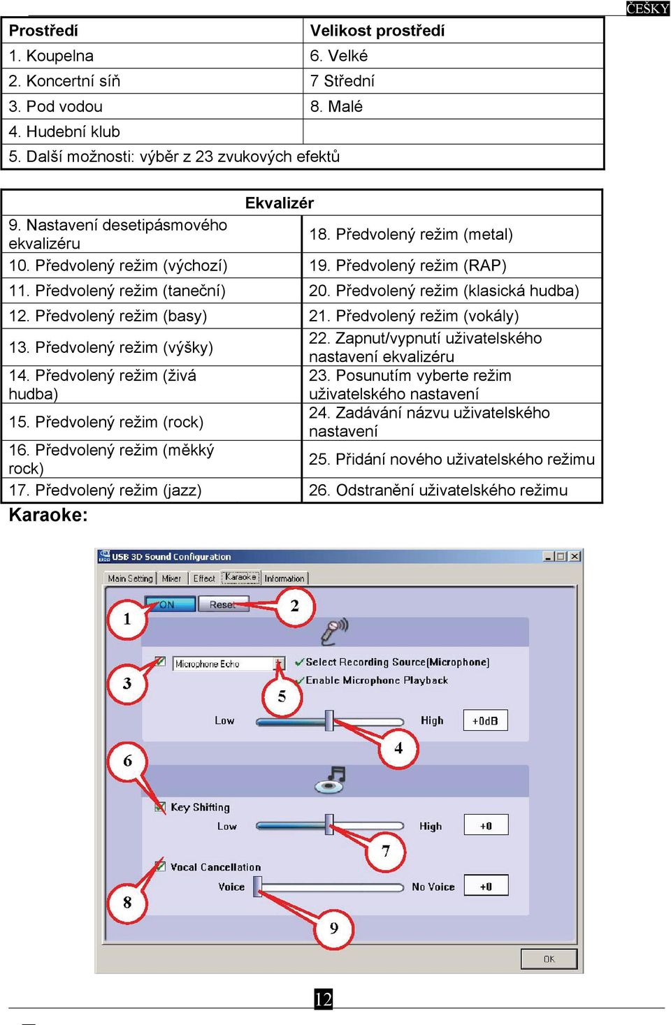 Předvolený režim (basy) 21. Předvolený režim (vokály) 13. Předvolený režim (výšky) 22. Zapnut/vypnutí uživatelského nastavení ekvalizéru 14. Předvolený režim (živá hudba) 23.