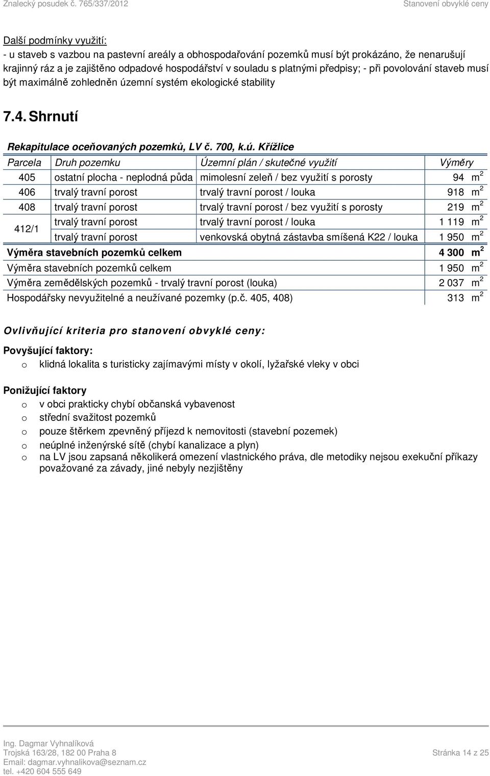 emní systém ekologické stability 7.4. Shrnutí Rekapitulace oceňovaných pozemků, LV č. 700, k.ú.