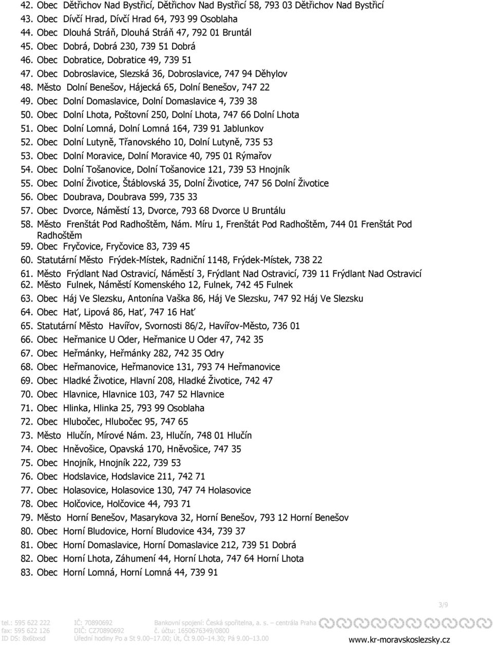 Město Dolní Benešov, Hájecká 65, Dolní Benešov, 747 22 49. Obec Dolní Domaslavice, Dolní Domaslavice 4, 739 38 50. Obec Dolní Lhota, Poštovní 250, Dolní Lhota, 747 66 Dolní Lhota 51.