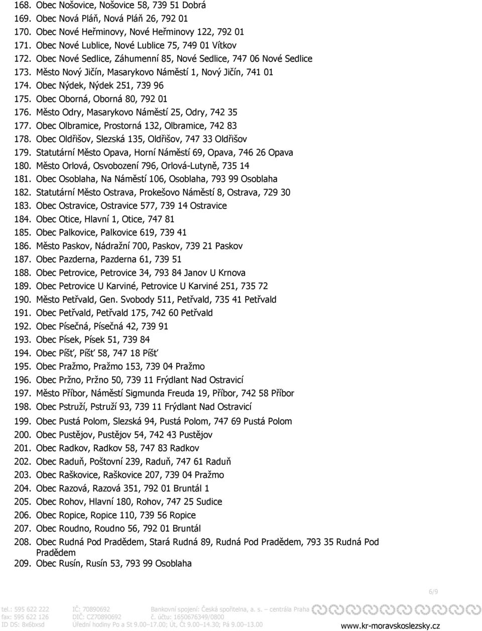 Obec Oborná, Oborná 80, 792 01 176. Město Odry, Masarykovo Náměstí 25, Odry, 742 35 177. Obec Olbramice, Prostorná 132, Olbramice, 742 83 178.
