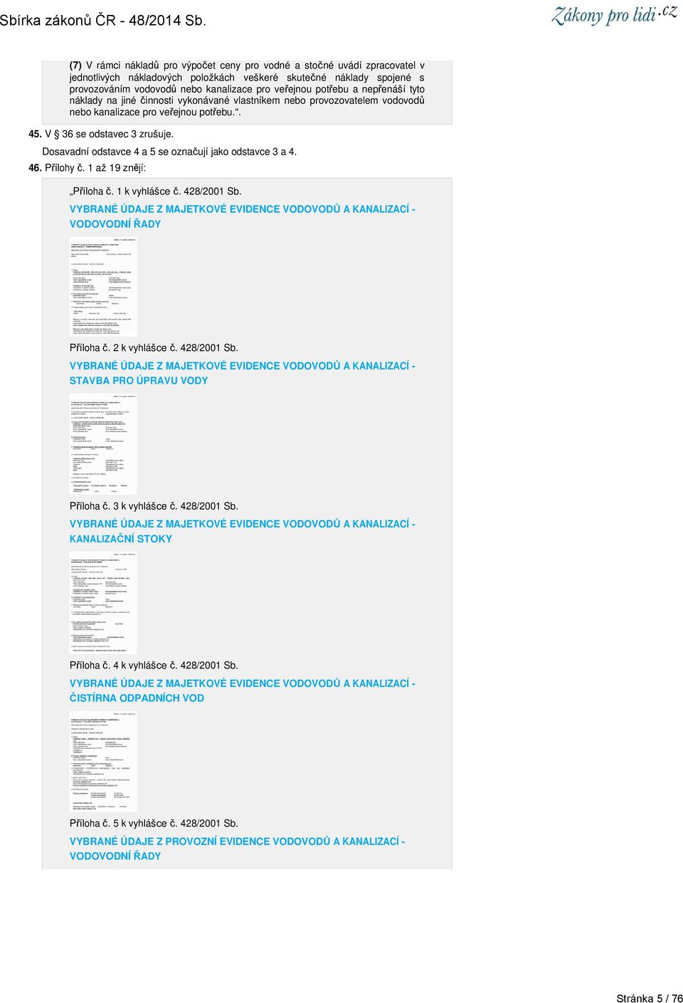 osavadní odstavce 4 a 5 se označují jako odstavce 3 a 4. 46. Přílohy č. 1 až 19 znějí: Příloha č. 1 k vyhlášce č. 428/2001 Sb. VYBRAÉ ÚAJE Z MAJEKOVÉ EVIECE VOOVOŮ A KAALIZACÍ - VOOVOÍ ŘAY Příloha č.