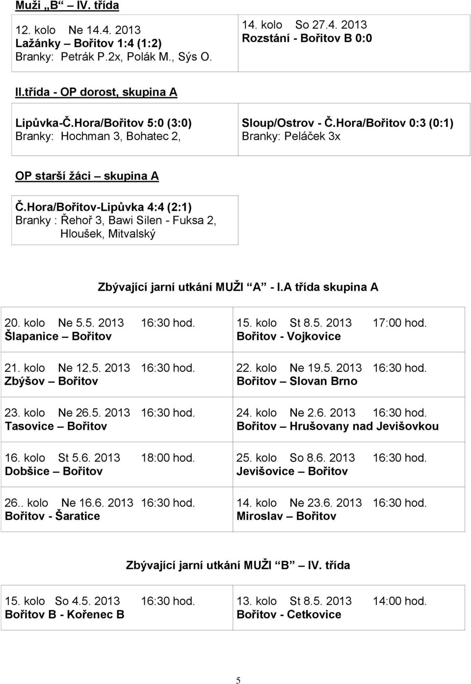 Hora/Bořitov-Lipůvka 4:4 (2:1) Branky : Řehoř 3, Bawi Silen - Fuksa 2, Hloušek, Mitvalský Zbývající jarní utkání MUŽI A - I.A třída skupina A 20. kolo Ne 5.5. 2013 16:30 hod. Šlapanice Bořitov 21.