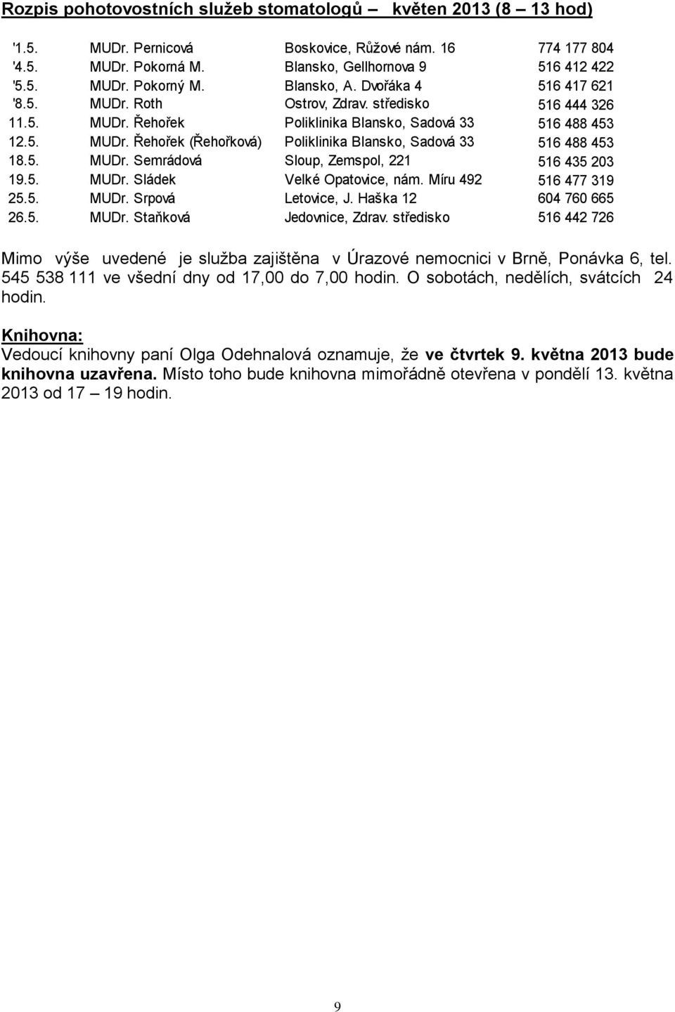 5. MUDr. Sládek Velké Opatovice, nám. Míru 492 25.5. MUDr. Srpová Letovice, J. Haška 12 26.5. MUDr. Staňková Jedovnice, Zdrav.