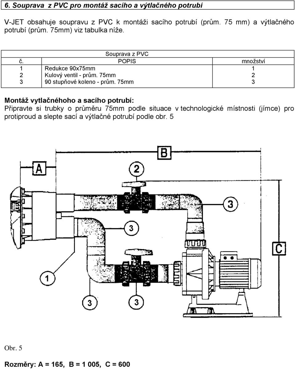 POPIS množství 1 2 3 Redukce 90x75mm Kulový ventil - prům. 75mm 90 stupňové koleno - prům.