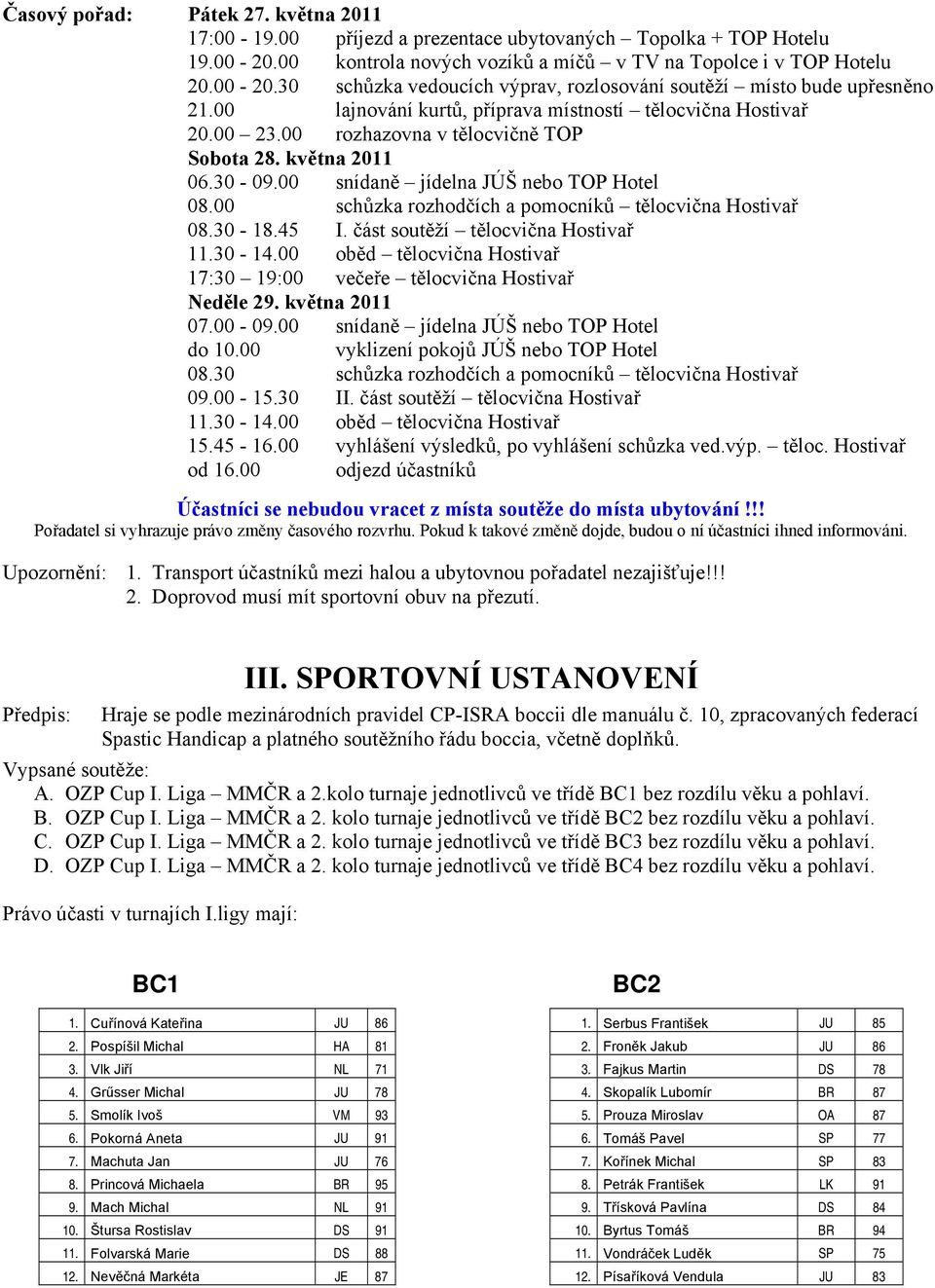 00 schůzka rozhodčích a pomocníků tělocvična Hostivař 08.30-18.45 I. část soutěží tělocvična Hostivař 11.30-14.00 oběd tělocvična Hostivař 17:30 19:00 večeře tělocvična Hostivař Neděle 29.