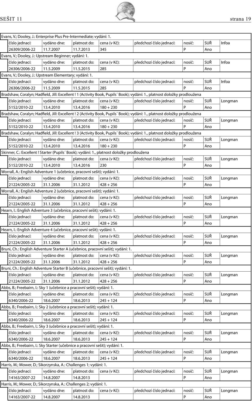 5.2015 285 P Ano Evans, V.; Dooley, J.: Upstream Elementary; vydání: 1. číslo jednací: vydáno dne: platnost do: cena (v Kč): předchozí číslo jednací: nosič: SUŘ Infoa 26306/2006-22 11.5.2009 11.5.2015 285 P Ano Bradshaw, Coralyn; Hadfield, Jill: Excellent!