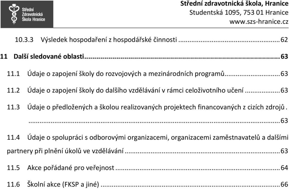 2 Údaje o zapojení školy do dalšího vzdělávání v rámci celoživotního učení... 63 11.