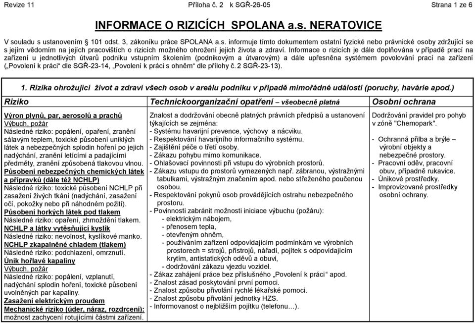 Informace o rizicích je dále doplňována v případě prací na zařízení u jednotlivých útvarů podniku vstupním školením (podnikovým a útvarovým) a dále upřesněna systémem povolování prací na zařízení (