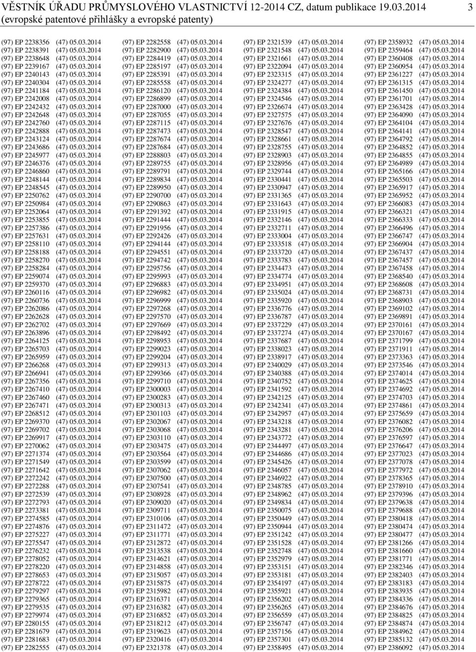 03.2014 (97) EP 2242760 (47) 05.03.2014 (97) EP 2242888 (47) 05.03.2014 (97) EP 2243124 (47) 05.03.2014 (97) EP 2243686 (47) 05.03.2014 (97) EP 2245977 (47) 05.03.2014 (97) EP 2246376 (47) 05.03.2014 (97) EP 2246860 (47) 05.