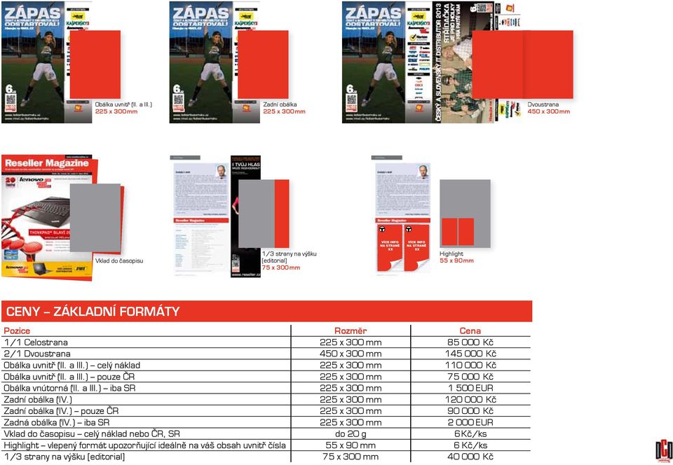 ZÁKLADNÍ FORMÁTY Pozice Rozměr Cena 1/1 Celostrana 225 x 300 mm 85 000 Kč 2/1 Dvoustrana 450 x 300 mm 145 000 Kč ) celý náklad 225 x 300 mm 110 000 Kč ) pouze ČR 225 x 300 mm 75 000 Kč Obálka
