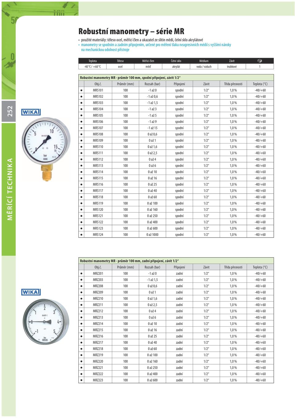 Robustní manometry MR - průměr 100 mm, spodní připojení, závit 1/2 MRS101 100-1 až 0 spodní 1/2 1,0 % -40/+60 MRS102 100-1 až 0,6 spodní 1/2 1,0 % -40/+60 MRS103 100-1 až 1,5 spodní 1/2 1,0 % -40/+60