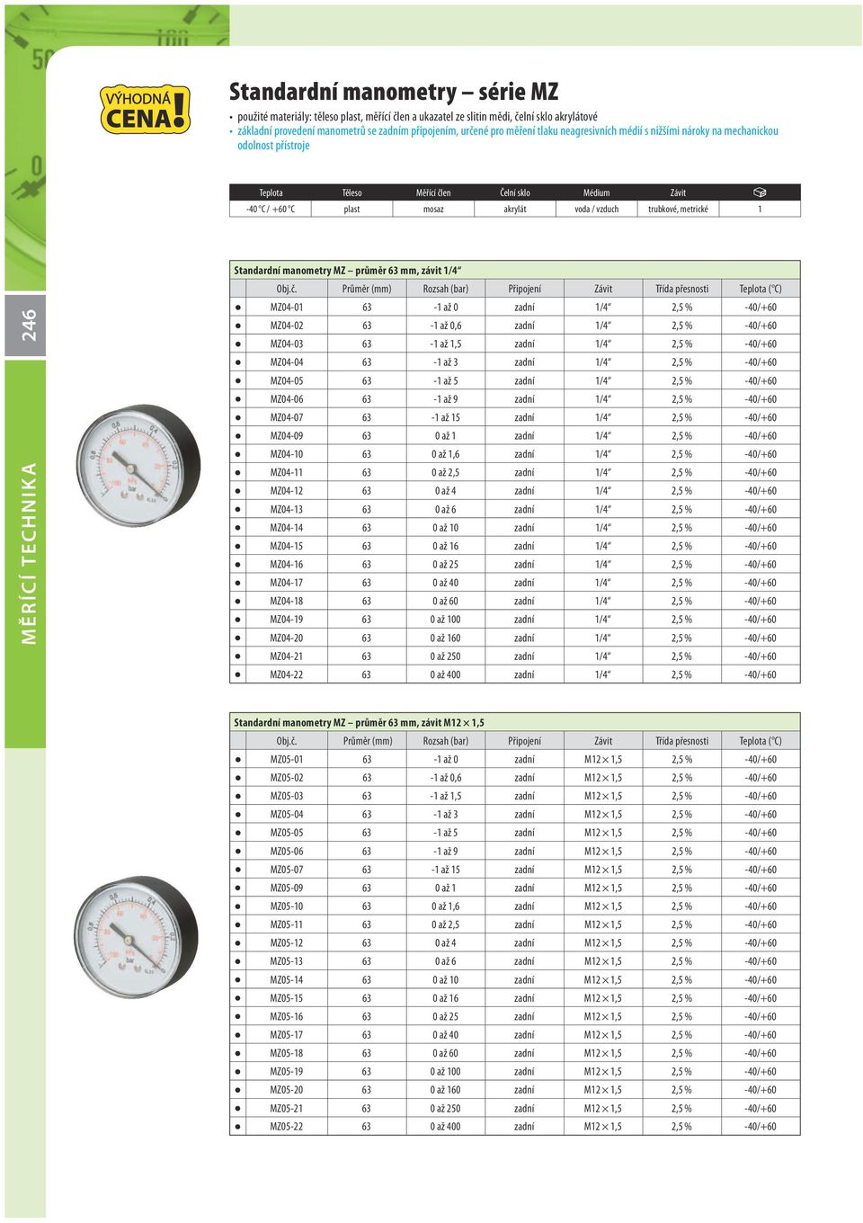 MĚRÍCÍ TECHNIK A Standardní manometry MZ průměr 63 mm, závit 1/4 MZ04-01 63-1 až 0 zadní 1/4 2,5 % -40/+60 MZ04-02 63-1 až 0,6 zadní 1/4 2,5 % -40/+60 MZ04-03 63-1 až 1,5 zadní 1/4 2,5 % -40/+60