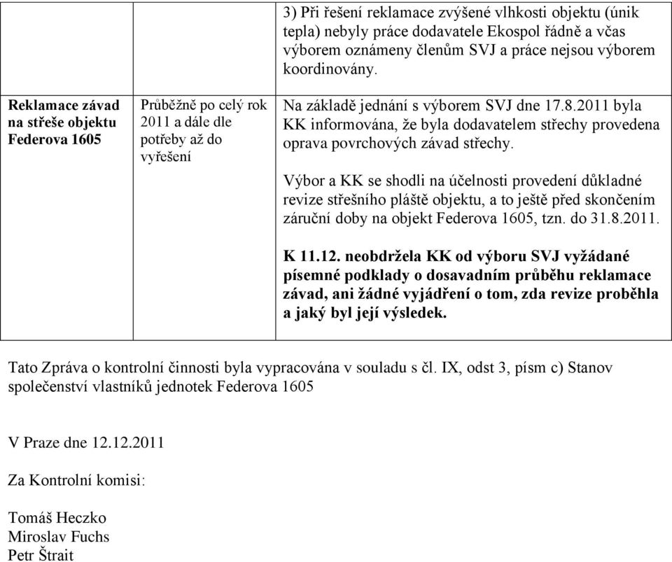 2011 byla KK informována, ţe byla dodavatelem střechy provedena oprava povrchových závad střechy.