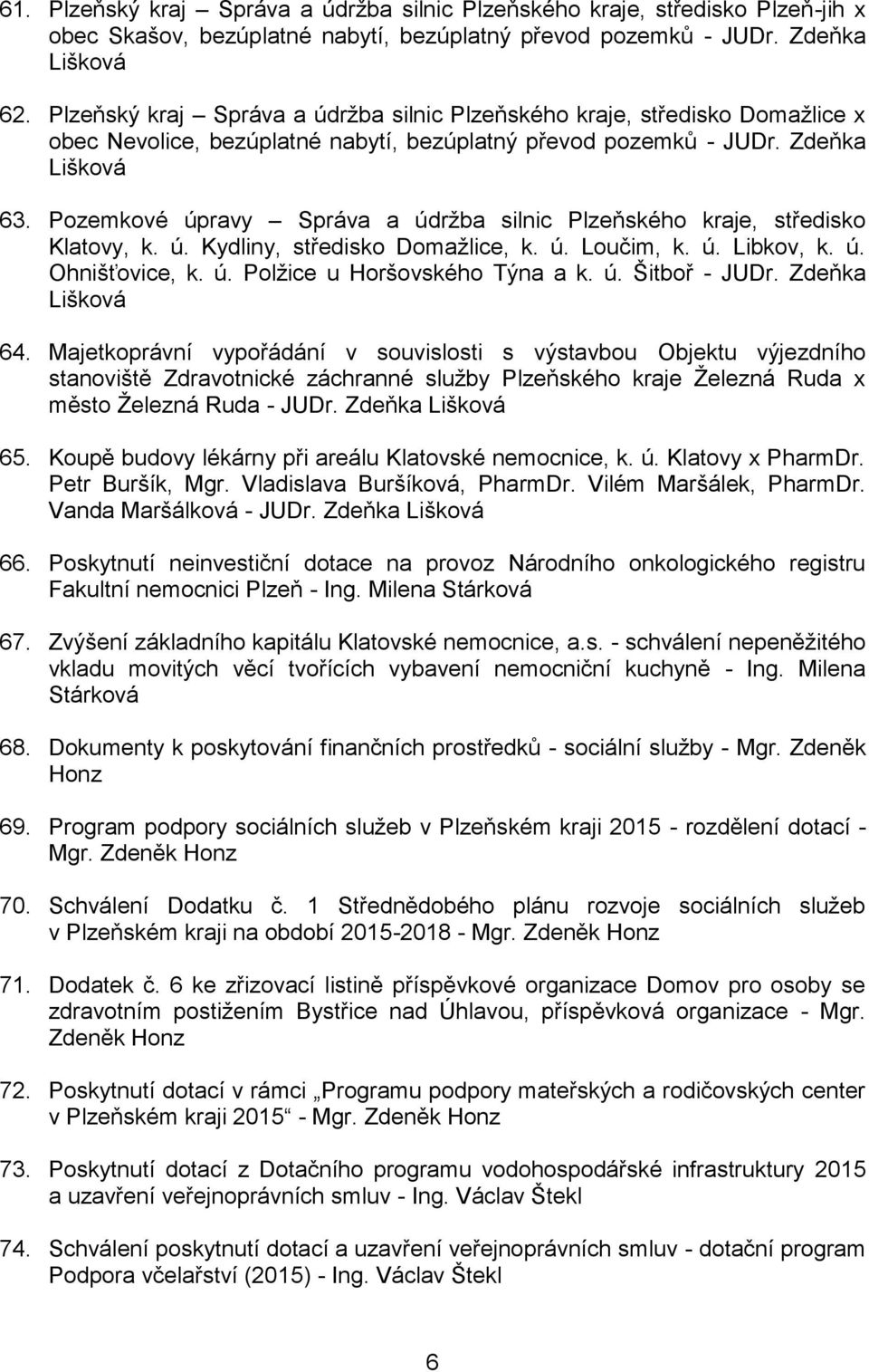 Pozemkové úpravy Správa a údržba silnic Plzeňského kraje, středisko Klatovy, k. ú. Kydliny, středisko Domažlice, k. ú. Loučim, k. ú. Libkov, k. ú. Ohnišťovice, k. ú. Polžice u Horšovského Týna a k. ú. Šitboř - JUDr.