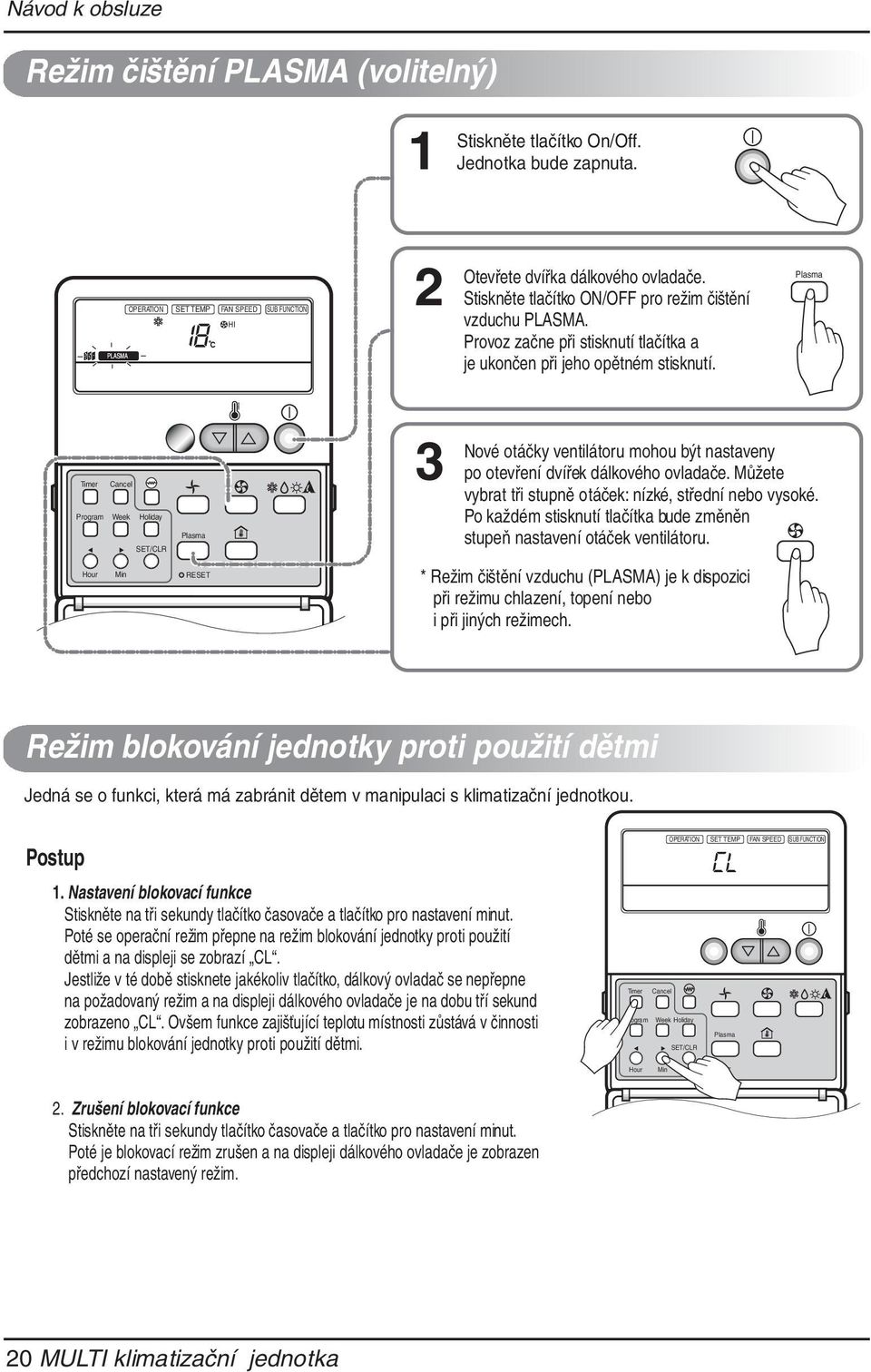 Plasma Timer Cancel Program Week Holiday SET/CLR Hour Min Plasma RESET Nové otáčky ventilátoru mohou být nastaveny po otevření dvířek dálkového ovladače.