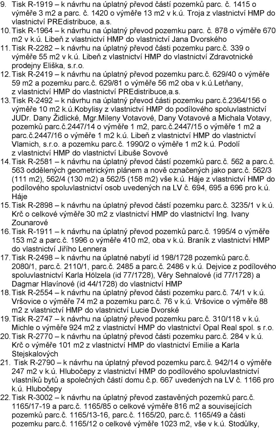 č. 339 o výměře 55 m2 v k.ú. Libeň z vlastnictví HMP do vlastnictví Zdravotnické prodejny Eliška, s.r.o. 12. Tisk R-2419 k návrhu na úplatný převod pozemku parc.č. 629/40 o výměře 59 m2 a pozemku parc.