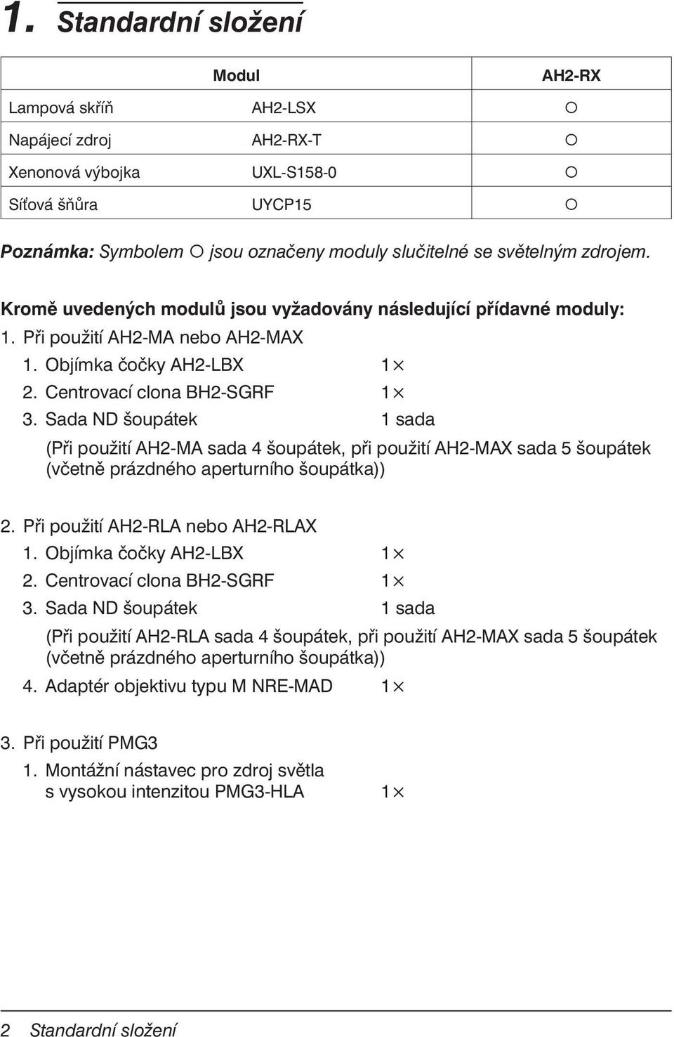 Sada ND šoupátek 1 sada (Při použití AH2-MA sada 4 šoupátek, při použití AH2-MAX sada 5 šoupátek (včetně prázdného aperturního šoupátka)) 2. Při použití AH2-RLA nebo AH2-RLAX 1.