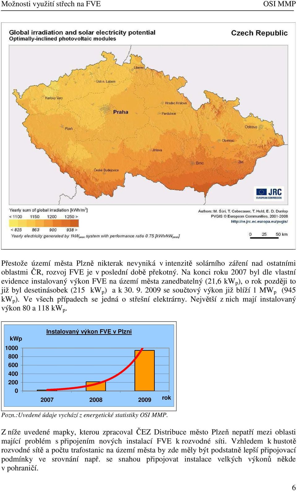 2009 se součtový výkon již blíží 1 MW p (945 kw p ). Ve všech případech se jedná o střešní elektrárny. Největší z nich mají instalovaný výkon 80 a 118 kw p.