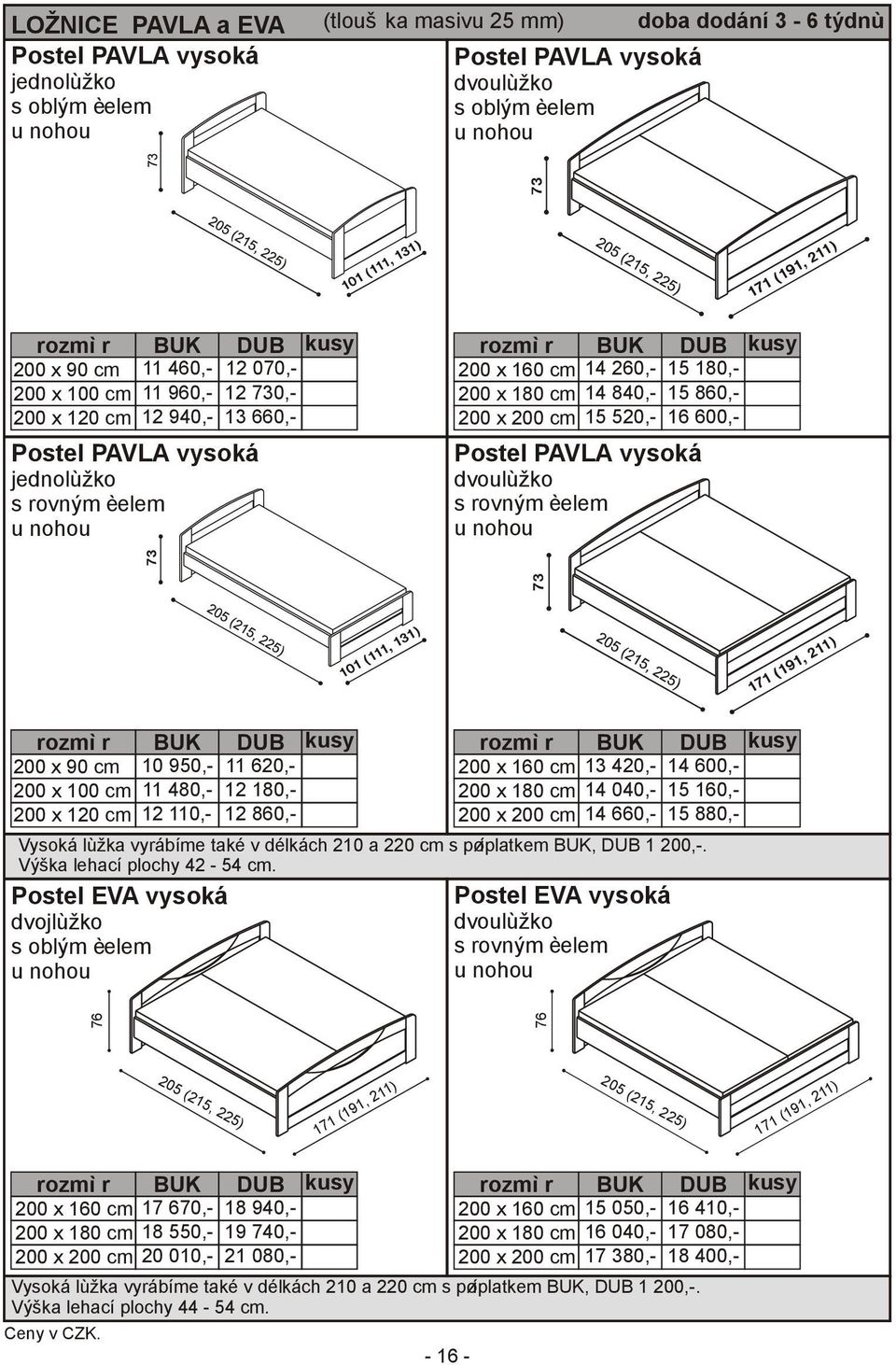 vysoká dvoulùžko s rovným èelem u nohou DUB 15 180,- 15 860,- 16 600,- 200 x 90 cm 200 x 100 cm 200 x 120 cm 10 950,- 11 480,- 12 110,- Vysoká lùžka vyrábíme také v délkách 210 a 220 cm s pøíplatkem,