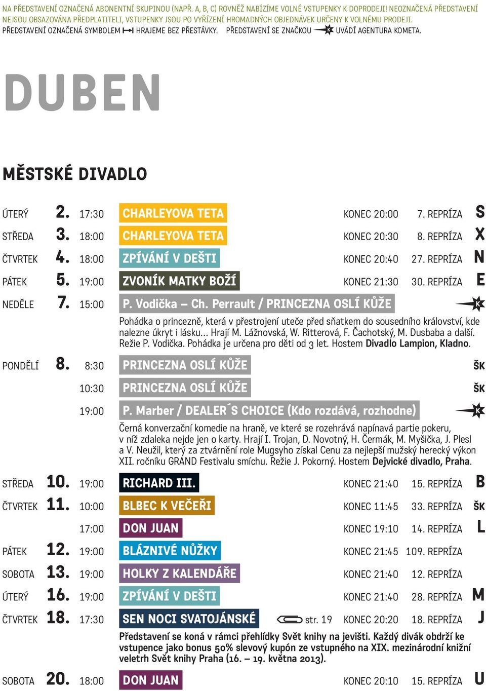 PŘEDSTAVENÍ SE ZNAČKOU UVÁDÍ AGENTURA KOMETA. DUBEN MĚSTSKÉ DIVADLO ÚTERÝ 2. 17:30 CHARLEYOVA TETA KONEC 20:00 7. REPRÍZA S STŘEDA 3. 18:00 CHARLEYOVA TETA KONEC 20:30 8. REPRÍZA X ČTVRTEK 4.