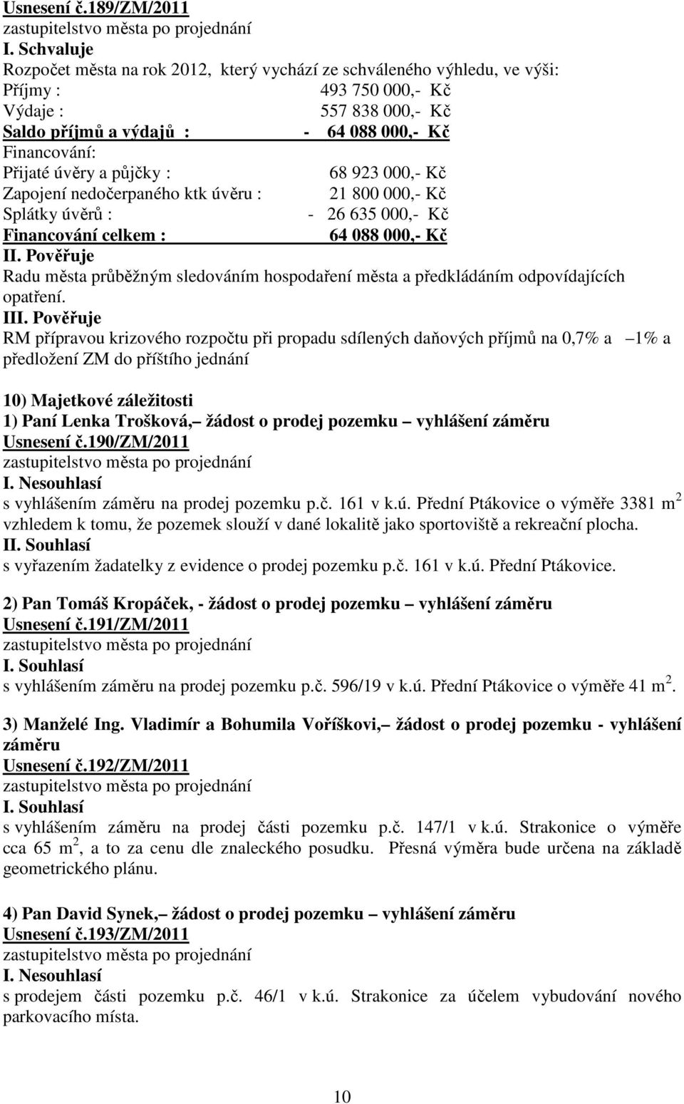 úvěry a půjčky : 68 923 000,- Kč Zapojení nedočerpaného ktk úvěru : 21 800 000,- Kč Splátky úvěrů : - 26 635 000,- Kč Financování celkem : 64 088 000,- Kč Radu města průběžným sledováním hospodaření