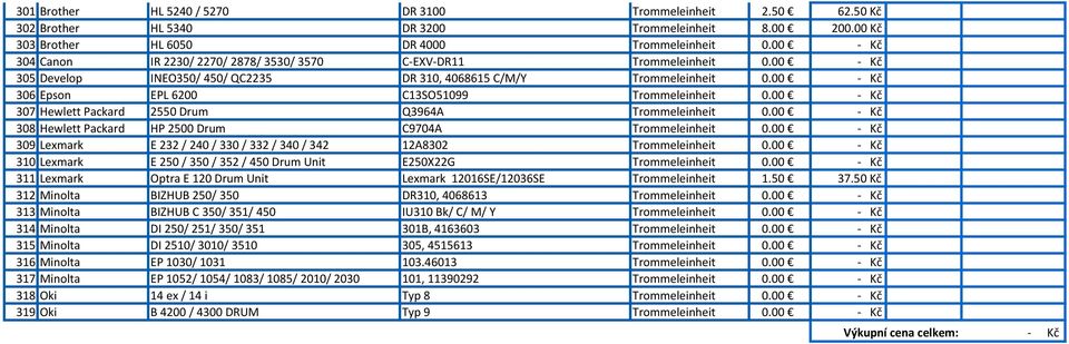 00 Kč 306 Epson EPL 6200 C13SO51099 Trommeleinheit 0.00 Kč 307 Hewlett Packard 2550 Drum Q3964A Trommeleinheit 0.00 Kč 308 Hewlett Packard HP 2500 Drum C9704A Trommeleinheit 0.