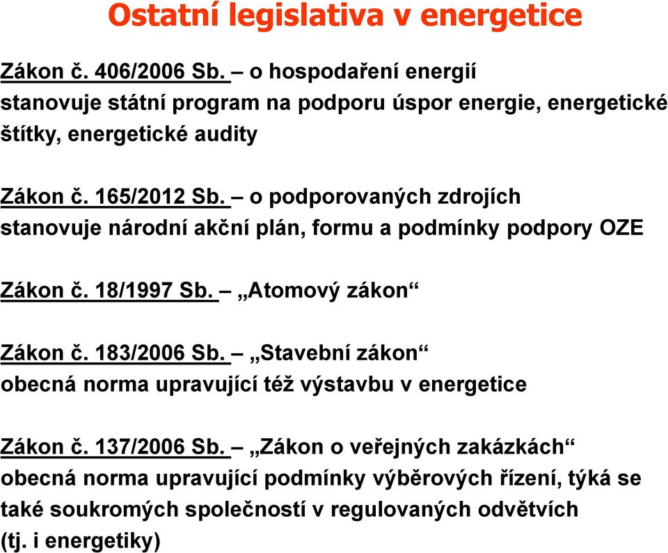 o podporovaných zdrojích stanovuje národní akční plán, formu a podmínky podpory OZE Zákon č. 18/1997 Sb. Atomový zákon Zákon č. 183/2006 Sb.