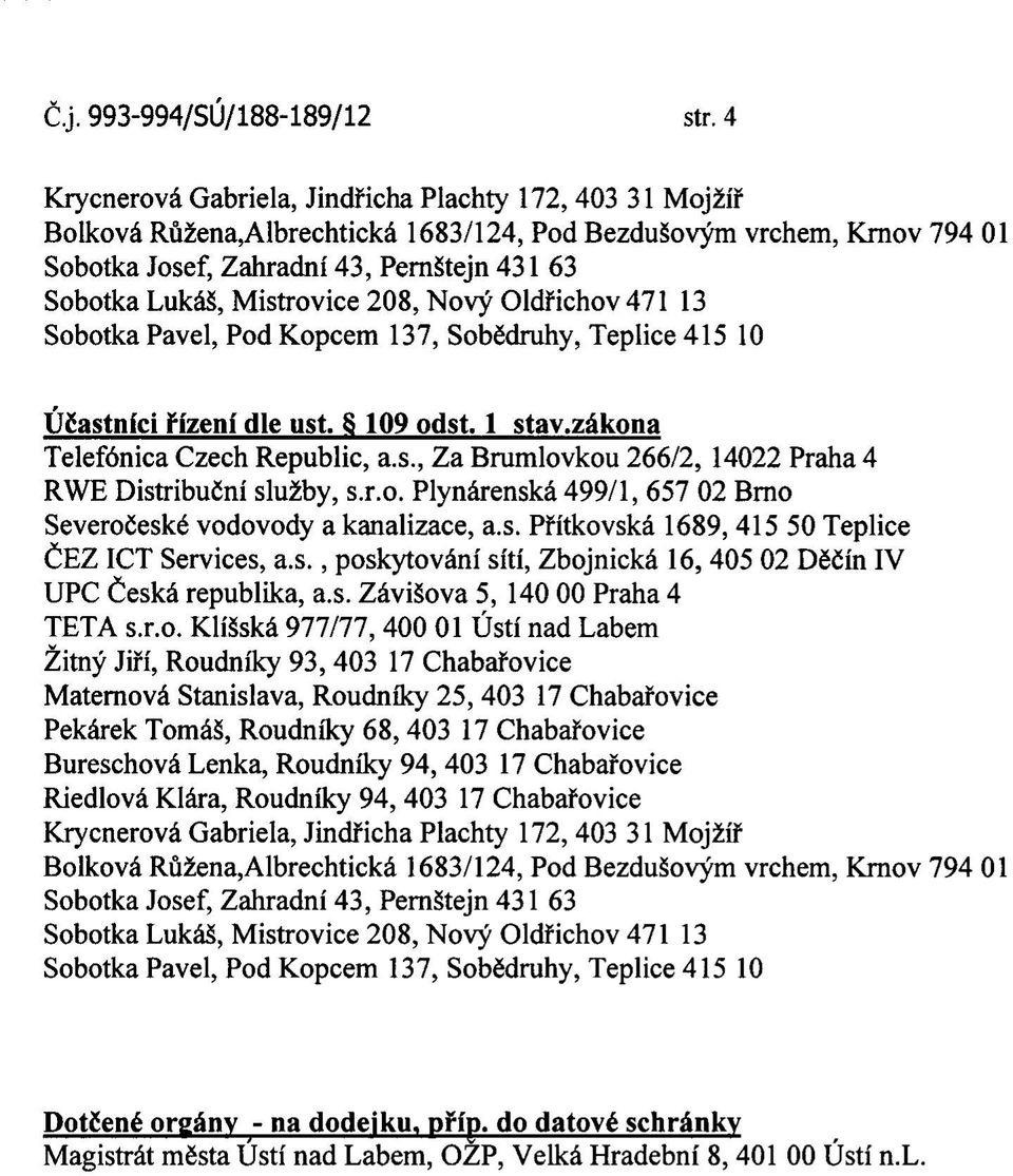 Mistrovice 208, Novy Oldfichov 471 13 Sobotka Pavel, Pod Kopcem 137, Sob&lruhy, Teplice 415 10 UCastnfci h'zeni die ust. S 109 odst. 1 stav.zakona Telef6nica Czech Republic, a.s., Za Brumlovkou 266/2, 14022 Praha 4 RWE Distribucni sluzby, s.