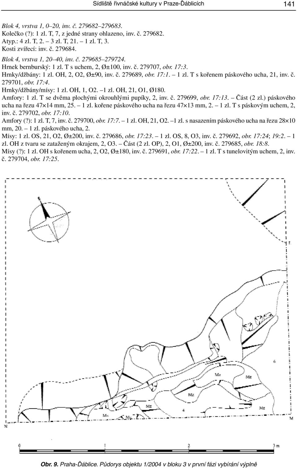 17:1. 1 zl. T s kořenem páskového ucha, 21, inv. č. 279701, obr. 17:4. Hrnky/džbány/mísy: 1 zl. OH, 1, O2. 1 zl. OH, 21, O1, Ø180. Amfory: 1 zl. T se dvěma plochými okrouhlými pupíky, 2, inv. č. 279699, obr.