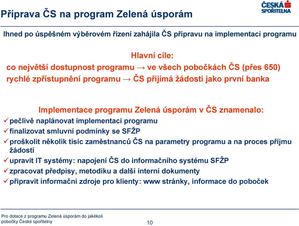 programu finalizovat smluvní podmínky se SFŽP proškolit několik tisíc zaměstnanců ČS na parametry programu a na proces příjmu žádostí upravit IT systémy: napojení ČS do