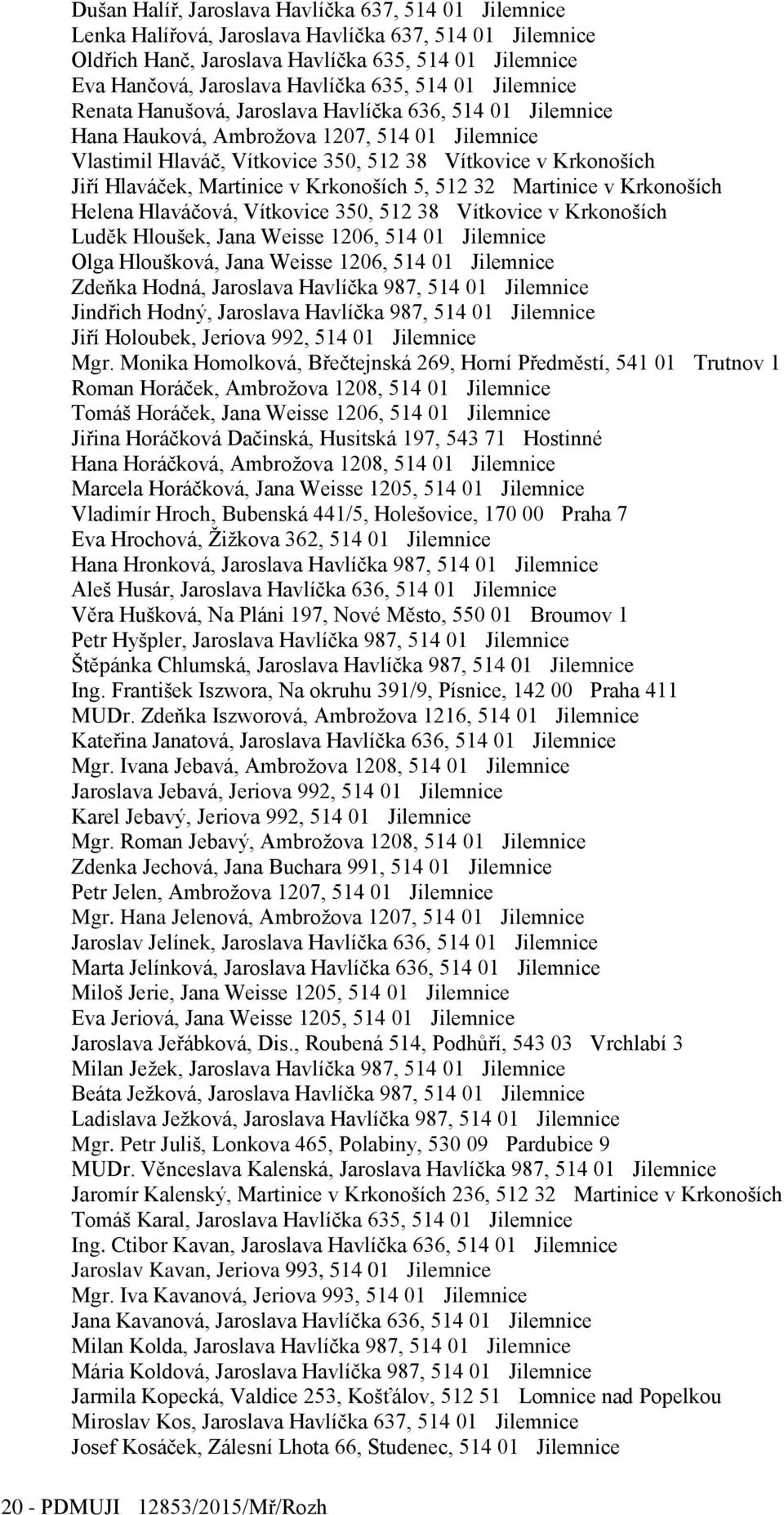 Hlaváček, Martinice v Krkonoších 5, 512 32 Martinice v Krkonoších Helena Hlaváčová, Vítkovice 350, 512 38 Vítkovice v Krkonoších Luděk Hloušek, Jana Weisse 1206, 514 01 Jilemnice Olga Hloušková, Jana