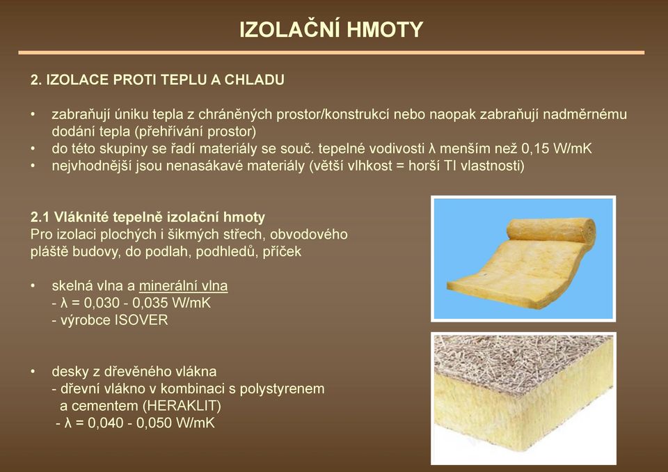 skupiny se řadí materiály se souč. tepelné vodivosti λ menším než 0,15 W/mK nejvhodnější jsou nenasákavé materiály (větší vlhkost = horší TI vlastnosti) 2.