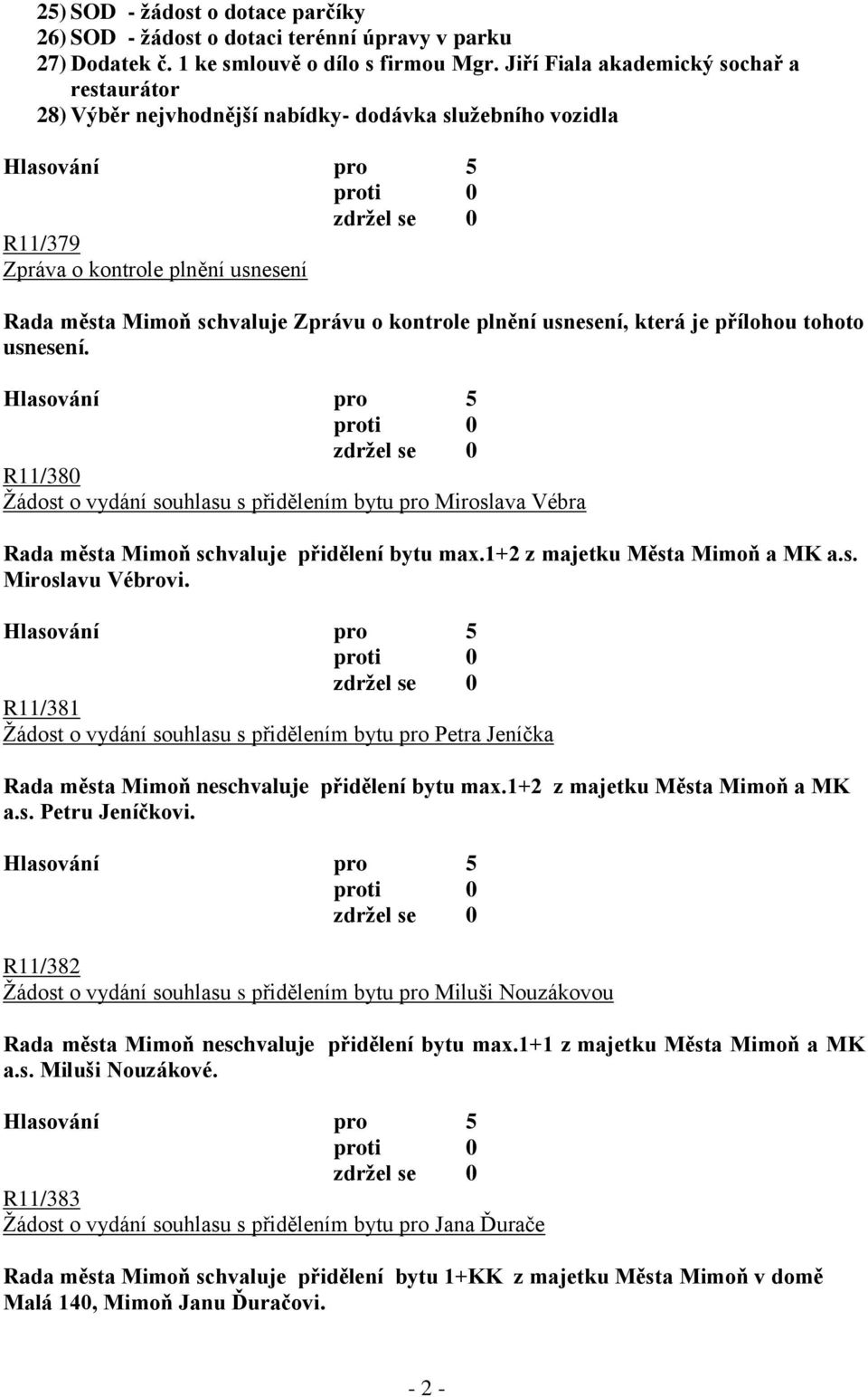 usnesení, která je přílohou tohoto usnesení. R11/380 Žádost o vydání souhlasu s přidělením bytu pro Miroslava Vébra Rada města Mimoň schvaluje přidělení bytu max.1+2 z majetku Města Mimoň a MK a.s. Miroslavu Vébrovi.