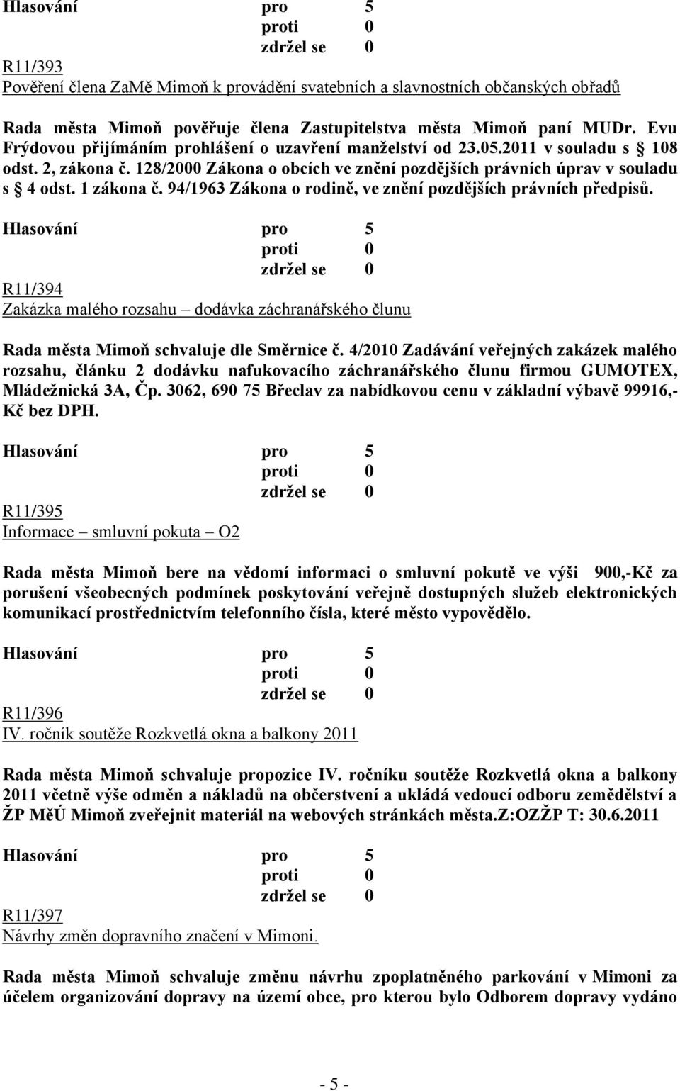 94/1963 Zákona o rodině, ve znění pozdějších právních předpisů. R11/394 Zakázka malého rozsahu dodávka záchranářského člunu Rada města Mimoň schvaluje dle Směrnice č.