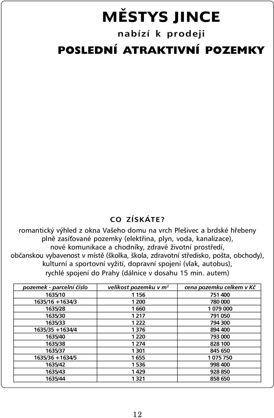 vybavenost v místě (školka, škola, zdravotní středisko, pošta, obchody), kulturní a sportovní vyžití, dopravní spojení (vlak, autobus), rychlé spojení do Prahy (dálnice v dosahu 15 min.