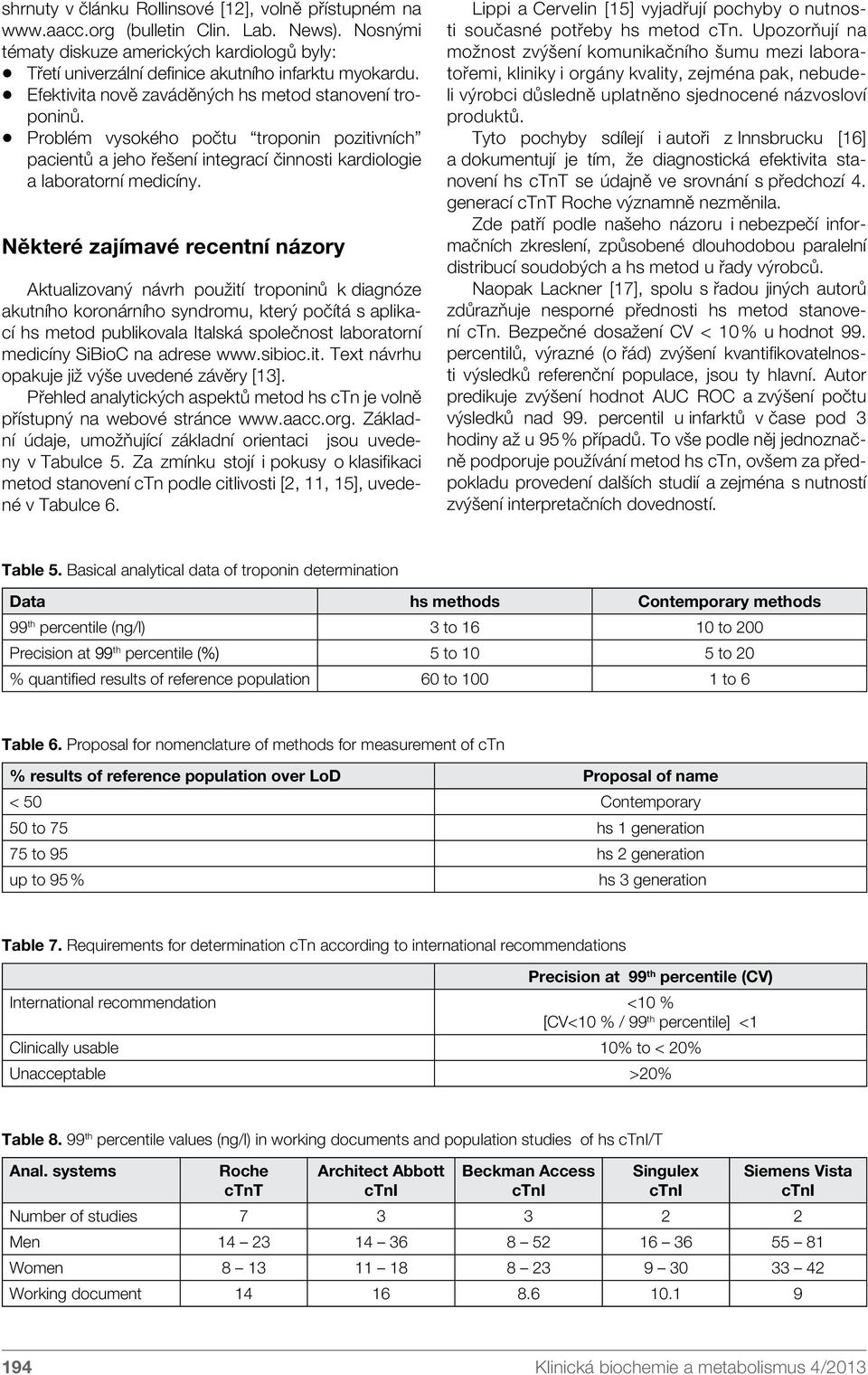 Některé zajímavé recentní názory Aktualizovaný návrh použití troponinů k diagnóze akutního koronárního syndromu, který počítá s aplikací hs metod publikovala Italská společnost laboratorní medicíny