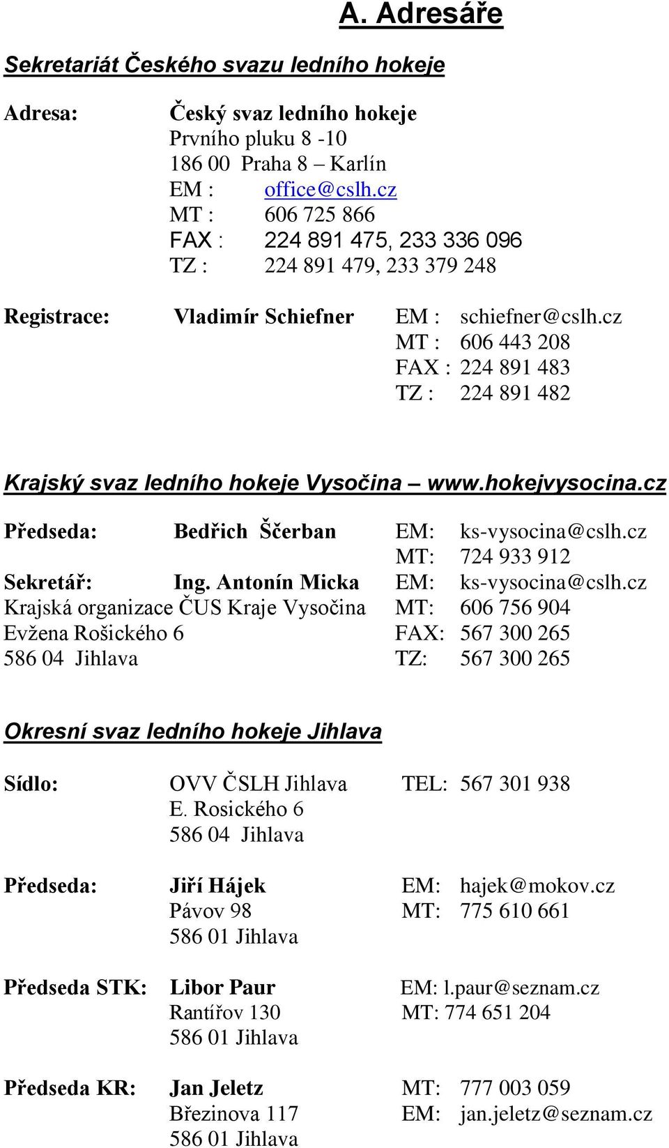 cz MT : 606 443 208 FAX : 224 891 483 TZ : 224 891 482 Krajský svaz ledního hokeje Vysočina www.hokejvysocina.cz Předseda: Bedřich Ščerban EM: ks-vysocina@cslh.cz MT: 724 933 912 Sekretář: Ing.