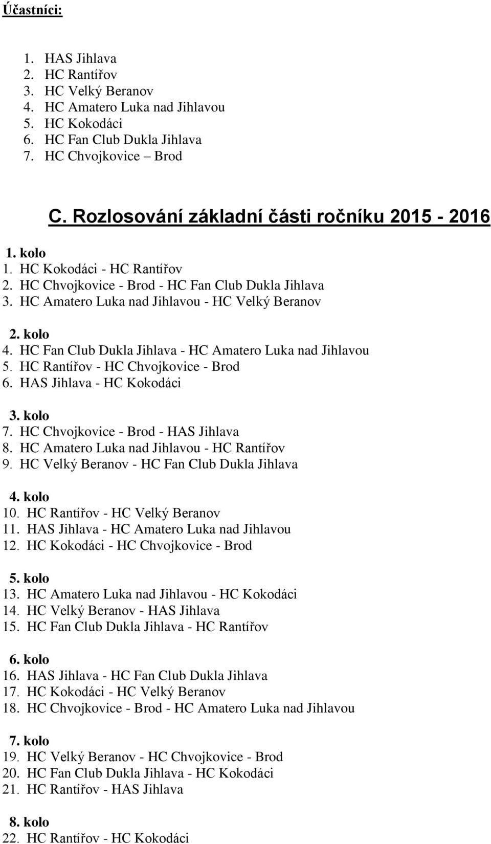 HC Fan Club Dukla Jihlava - HC Amatero Luka nad Jihlavou 5. HC Rantířov - HC Chvojkovice - Brod 6. HAS Jihlava - HC Kokodáci 3. kolo 7. HC Chvojkovice - Brod - HAS Jihlava 8.