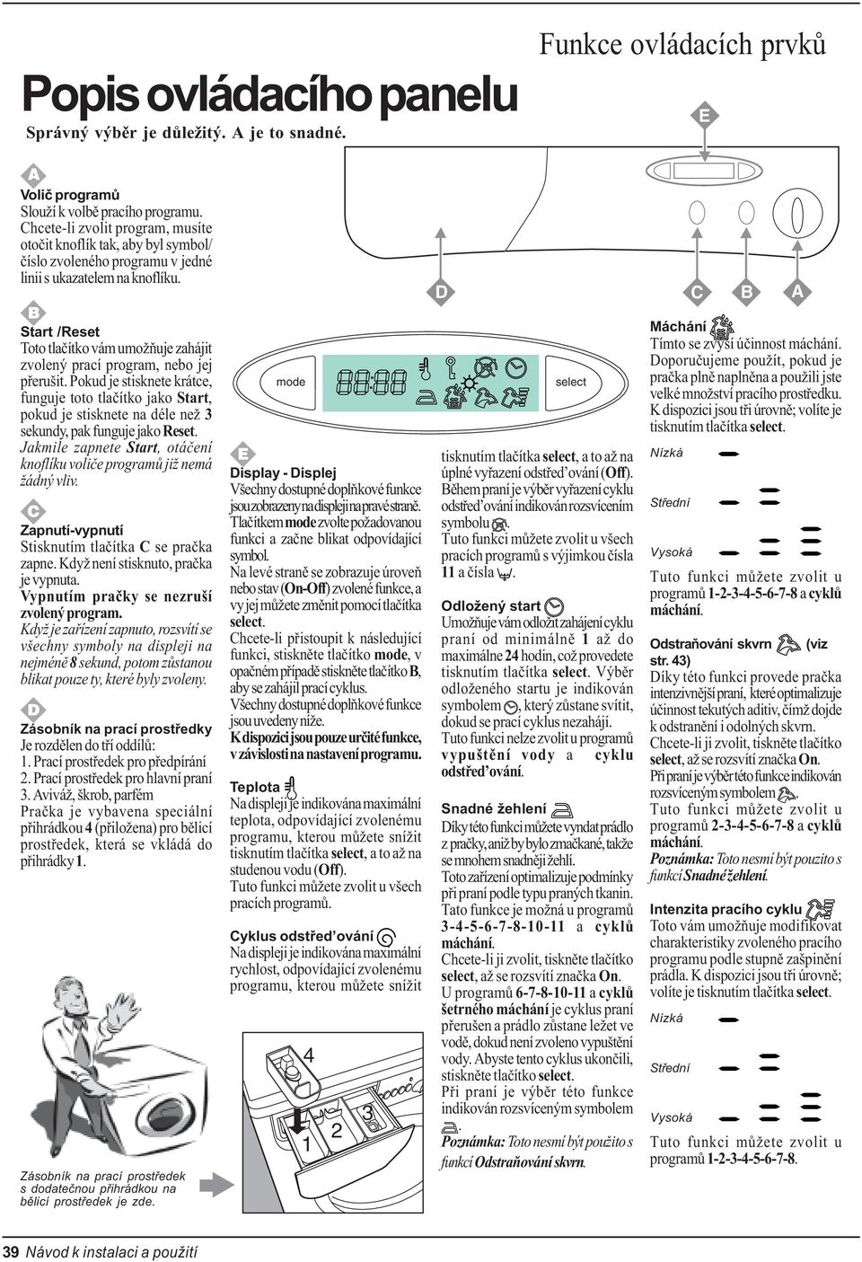 D C B A Start /Reset Toto tlaèítko vám umožòuje zahájit zvolený prací program, nebo jej pøerušit.