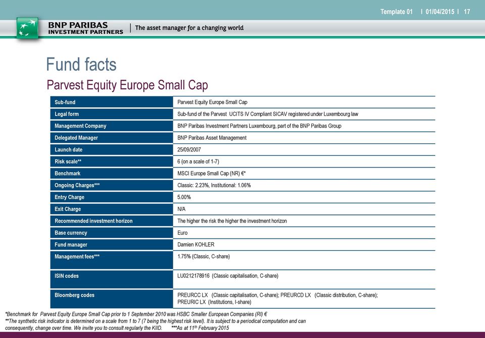 scale of 1-7) Benchmark MSCI Europe Small Cap (NR) * Ongoing Charges*** Classic: 2.23%, Institutional: 1.06% Entry Charge 5.