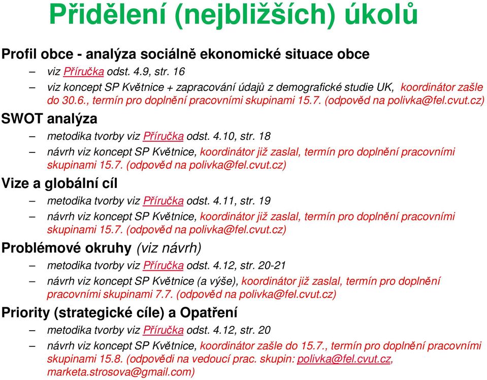 cz) SWOT analýza metodika tvorby viz Příručka odst. 4.10, str. 18 návrh viz koncept SP Květnice, koordinátor již zaslal, termín pro doplnění pracovními skupinami 15.7. (odpověd na polivka@fel.cvut.