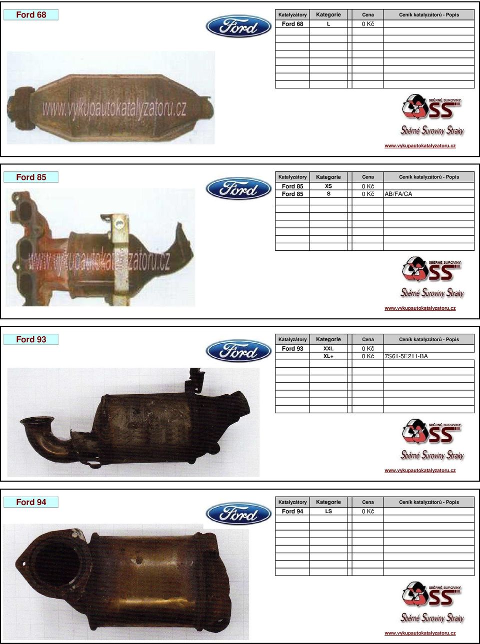 AB/FA/CA Ford 93 Katalyzátory Kategorie Cena Ceník katalyzátorů - Popis Ford 93 XXL 0 Kč