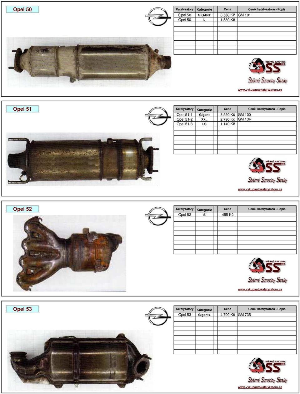 51-2 XXL 3 2 790 Kč GM 134 Opel 51-3 LS 7 1 140 Kč Opel 52 Katalyzátory Kategorie Cena Ceník katalyzátorů -