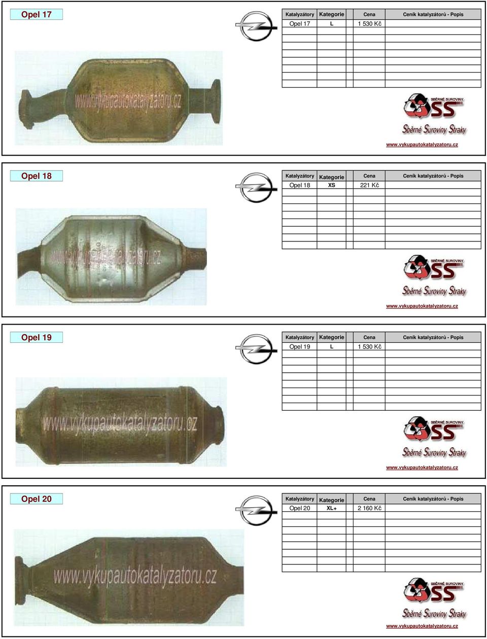 Opel 19 Katalyzátory Kategorie Cena Ceník katalyzátorů - Popis Opel 19 L 6 1 530 Kč