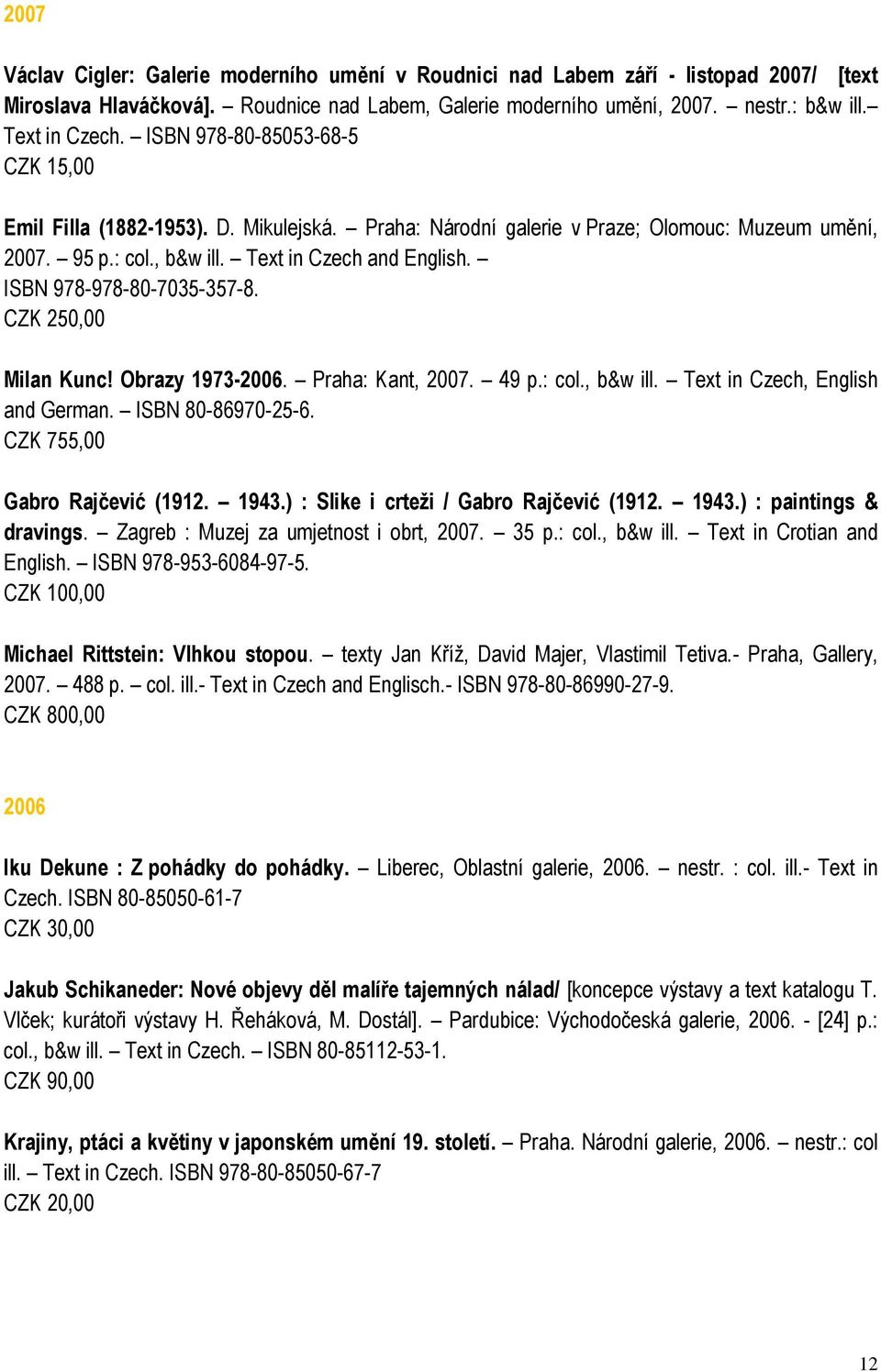 ISBN 978-978-80-7035-357-8. CZK 250,00 Milan Kunc! Obrazy 1973-2006. Praha: Kant, 2007. 49 p.: col., b&w ill. Text in Czech, English and German. ISBN 80-86970-25-6. CZK 755,00 Gabro Rajčević (1912.