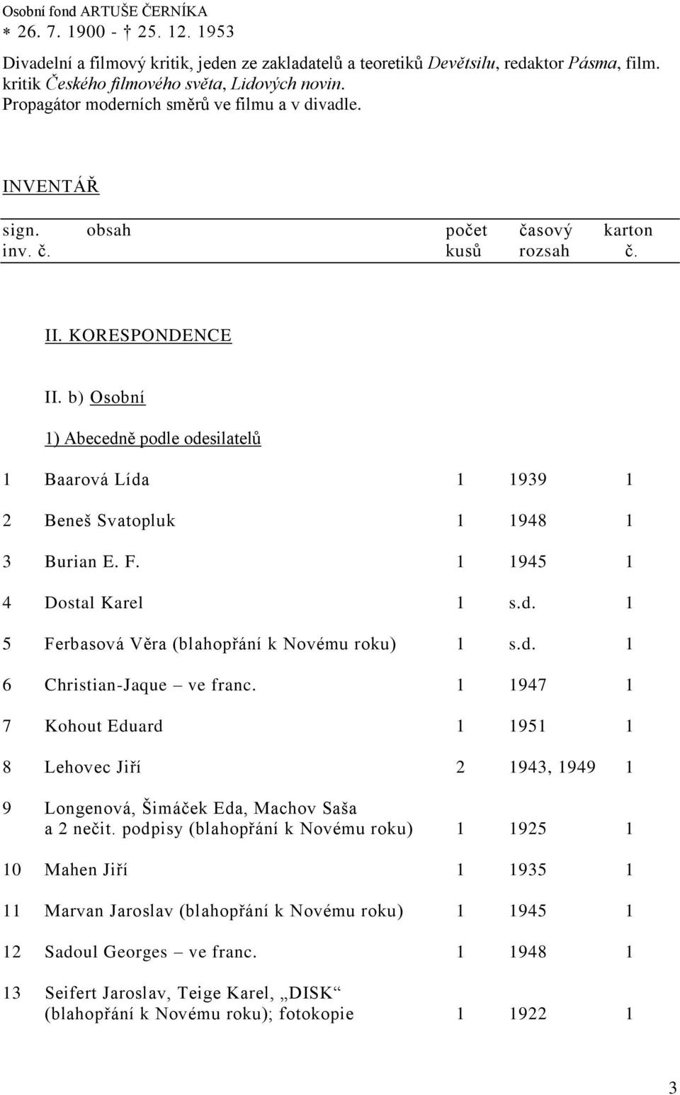 b) Osobní 1) Abecedně podle odesilatelů 1 Baarová Lída 1 1939 1 2 Beneš Svatopluk 1 1948 1 3 Burian E. F. 1 1945 1 4 Dostal Karel 1 s.d. 1 5 Ferbasová Věra (blahopřání k Novému roku) 1 s.d. 1 6 Christian-Jaque ve franc.