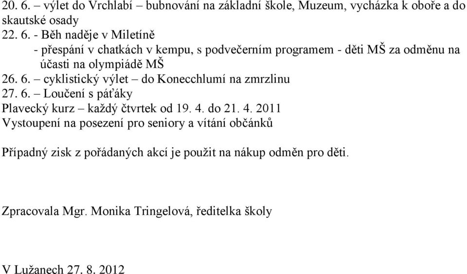 do 21. 4. 2011 Vystoupení na posezení pro seniory a vítání občánků Případný zisk z pořádaných akcí je použit na nákup odměn pro děti.