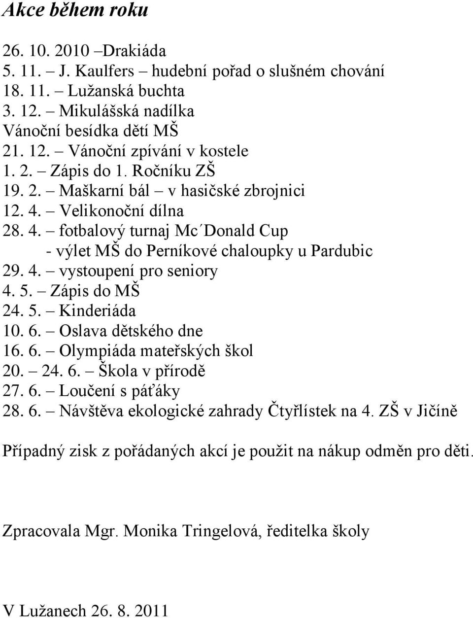 5. Zápis do MŠ 24. 5. Kinderiáda 10. 6. Oslava dětského dne 16. 6. Olympiáda mateřských škol 20. 24. 6. Škola v přírodě 27. 6. Loučení s páťáky 28. 6. Návštěva ekologické zahrady Čtyřlístek na 4.