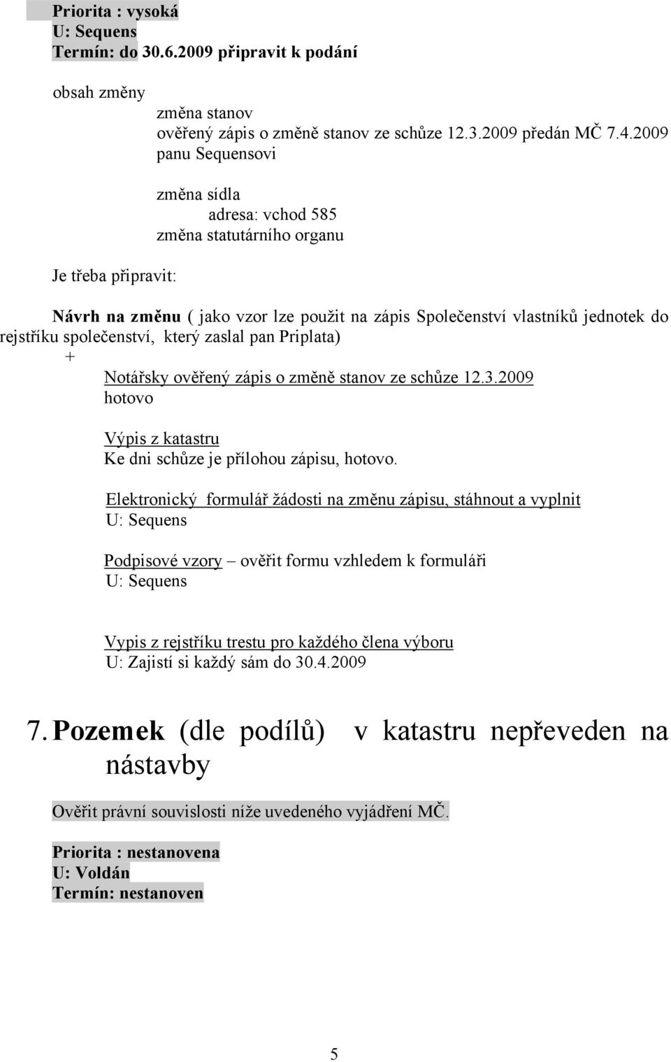 společenství, který zaslal pan Priplata) + Notářsky ověřený zápis o změně stanov ze schůze 12.3.2009 hotovo Výpis z katastru Ke dni schůze je přílohou zápisu, hotovo.
