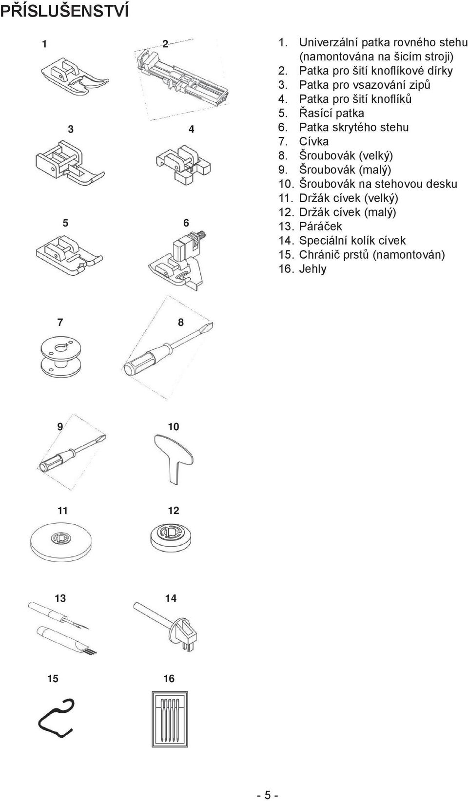 Patka skrytého stehu 7. Cívka 8. Šroubovák (velký) 9. Šroubovák (malý) 10. Šroubovák na stehovou desku 11.